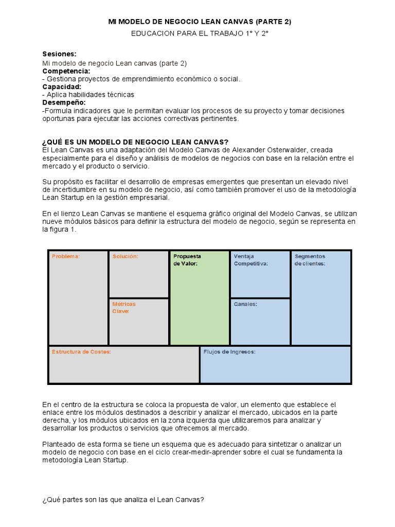 Mi Modelo de Negocio-Lean Canvas (Parte2) | PDF | Modelo de negocio ...