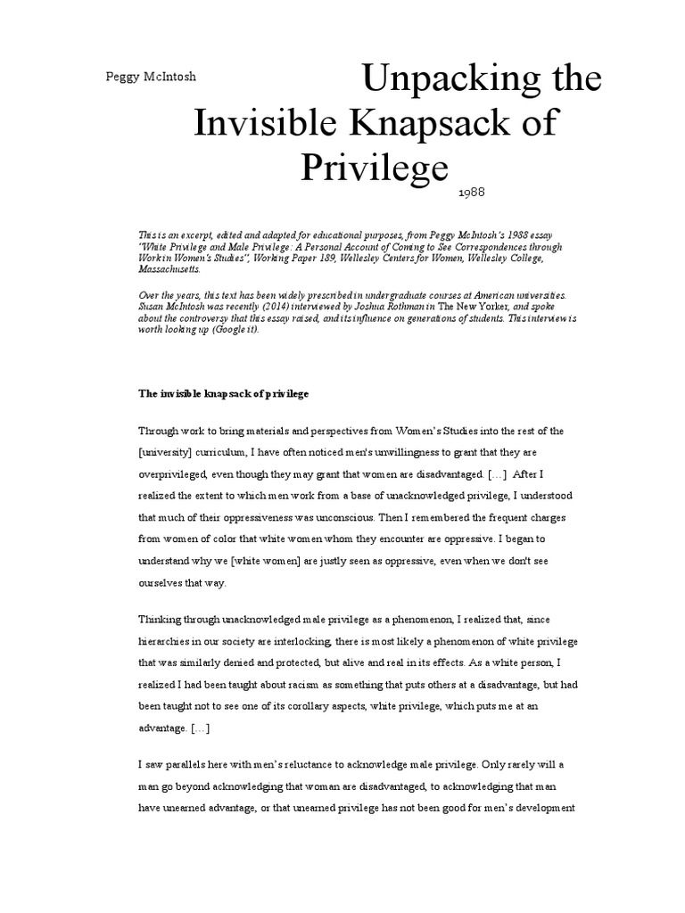 Unpacking The Invisible Knapsack of Privilege Peggy Mcintosh PDF