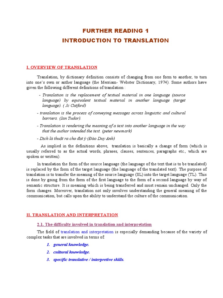 Further Reading 1 - Overview of Translation | PDF