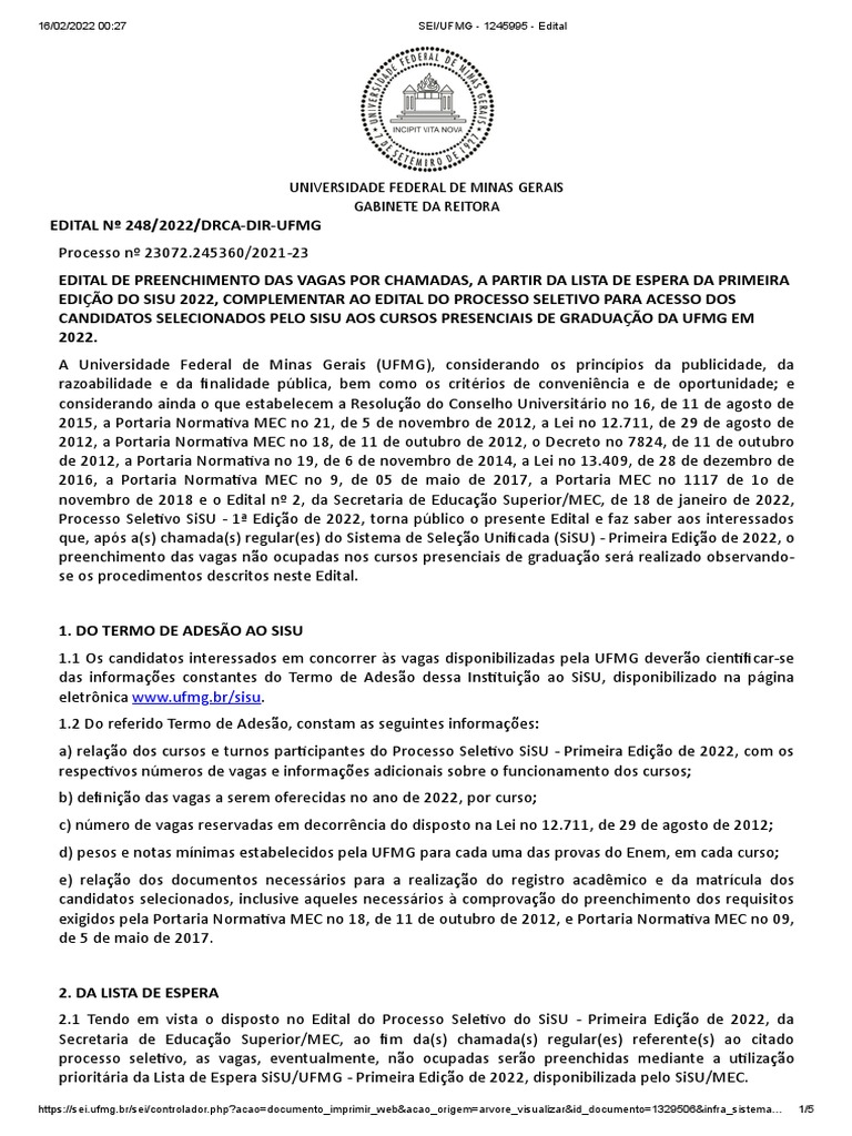 Edital Lista de Espera SiSU UFMG 1 2022, PDF