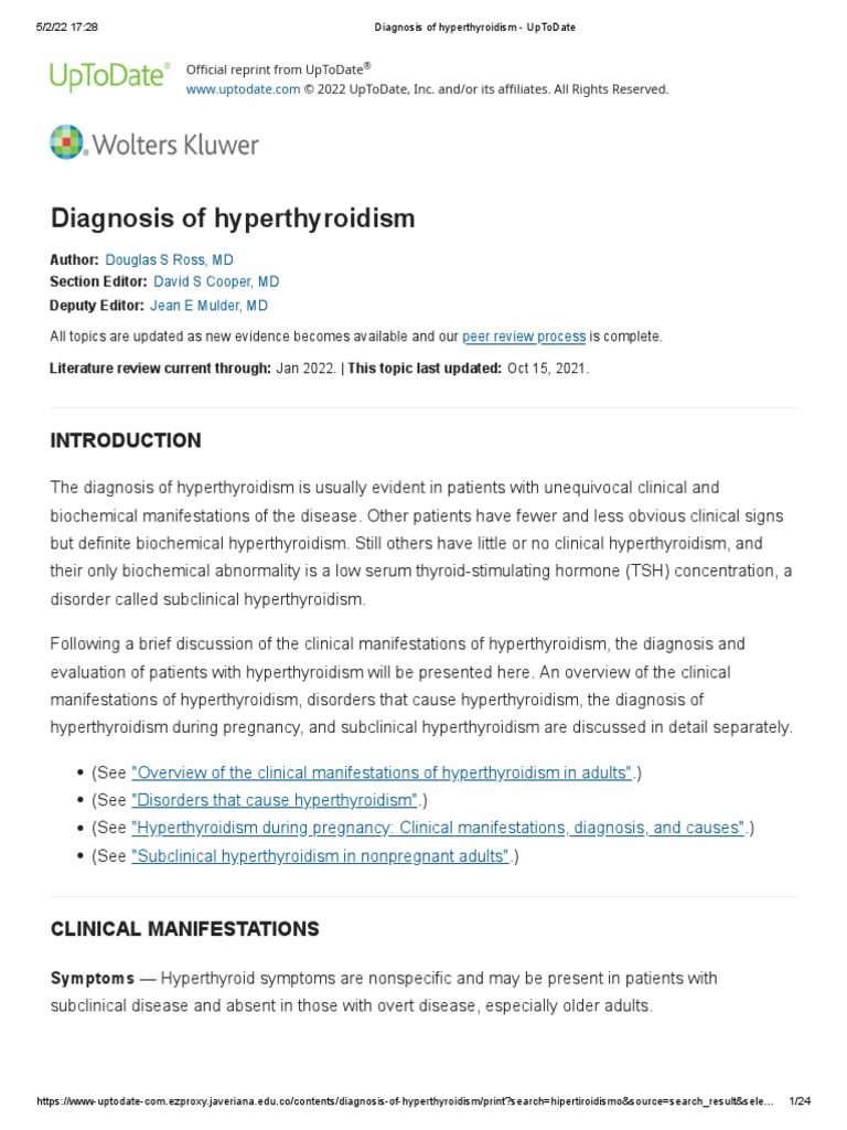 Diagnosis of Hyperthyroidism UpToDate PDF Hyperthyroidism