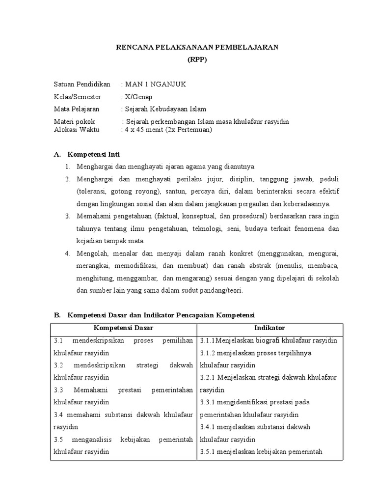 RPP SKI Kelas X Khulafaur Rasyidin | PDF