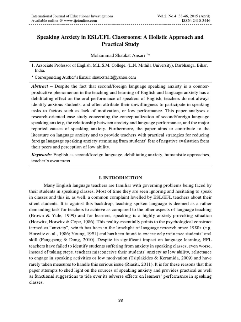 Reducing ESL/EFL Speaking Anxiety | PDF | Anxiety | Teachers