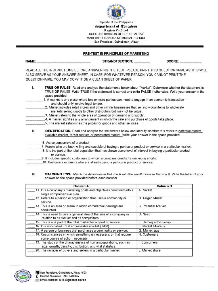 Pre Test in Prinmar | PDF | Marketing | Sales
