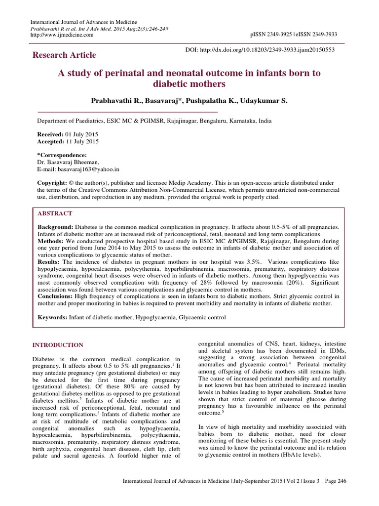A Study of Perinatal and Neonatal Outcome in Infants Born To Diabetic ...
