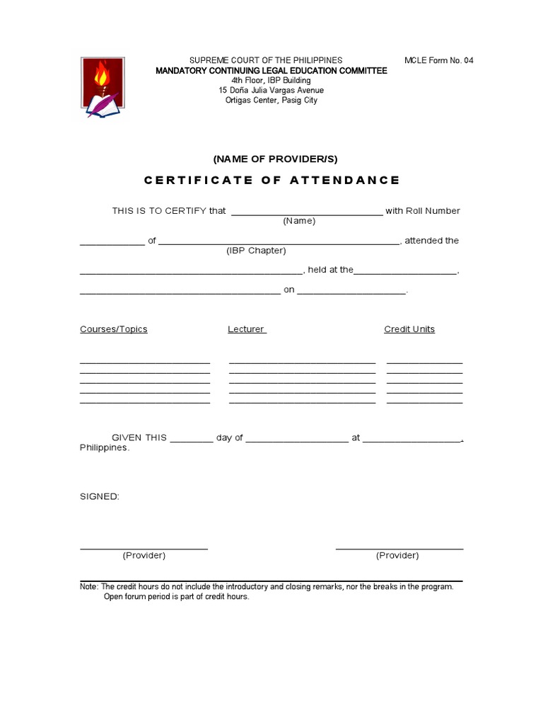 MCLE Form No. 04 (Certificate of Attendance) PDF