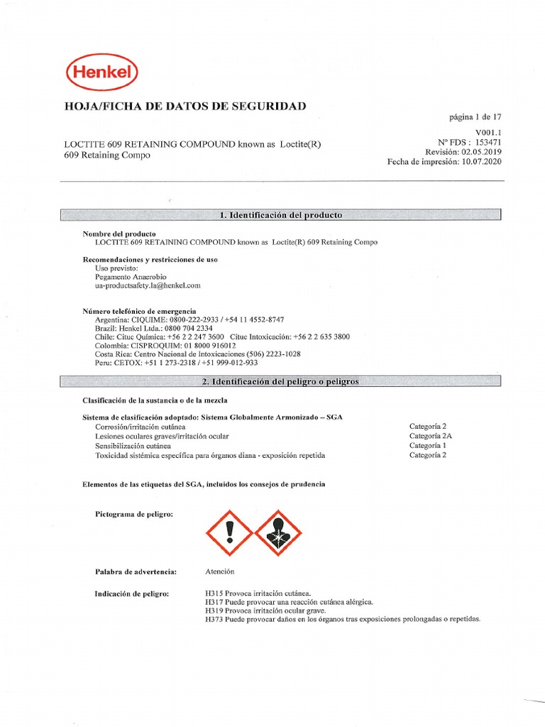 MSDS Loctite 609 2020 PDF