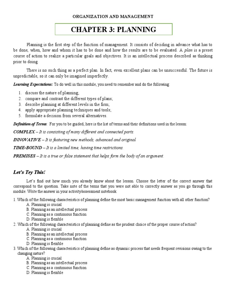 Chapter 3: Planning: Organization and Management | PDF | Simulation | Goal