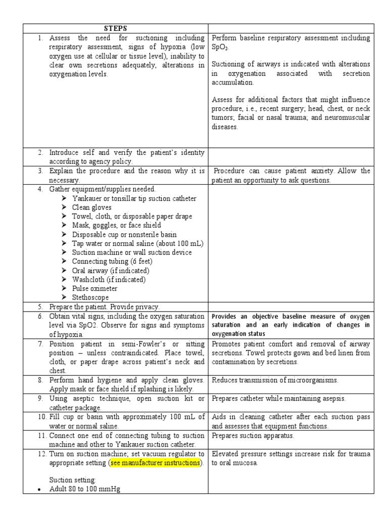 Oral Suctioning With Rationale PDF Hygiene Clinical Medicine