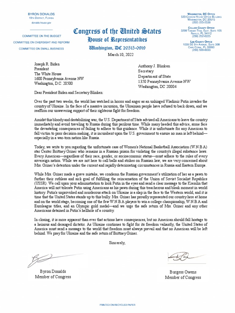 Brittney Griner Letter 3.10.2022 PDF Soviet Union World Politics