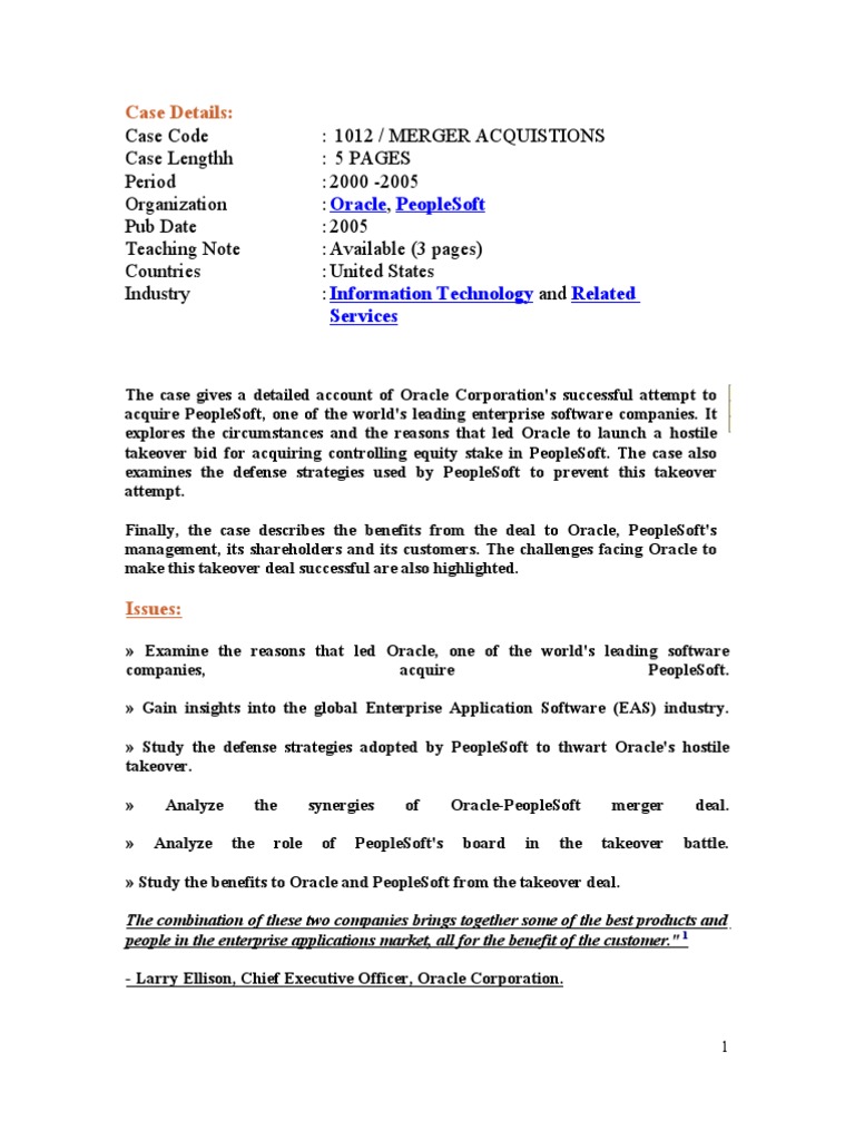 M&a - Case Details | PDF | Oracle Corporation | Takeover
