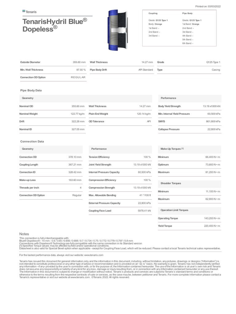 Tenarishydril Blue Dopeless: Pipe Body Data | PDF | Pipe (Fluid ...