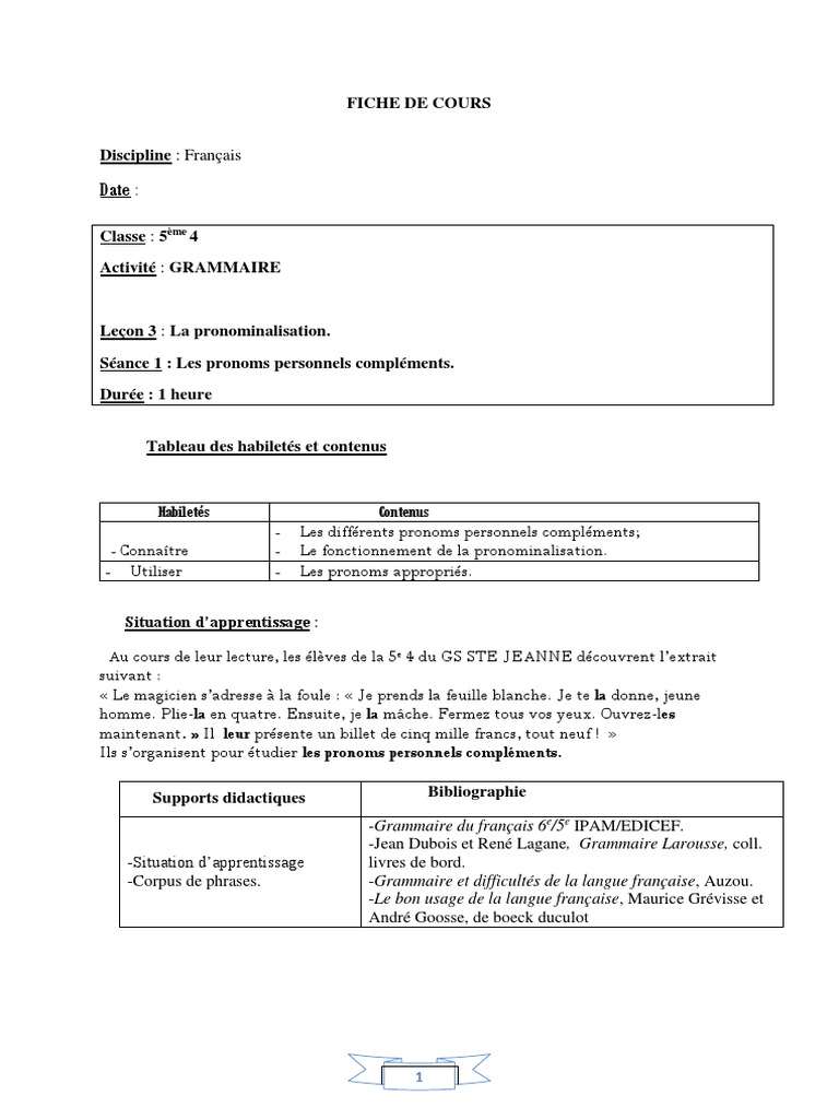 Exercices de pronominalisation en 5ème | PDF | Phrase | Pronom
