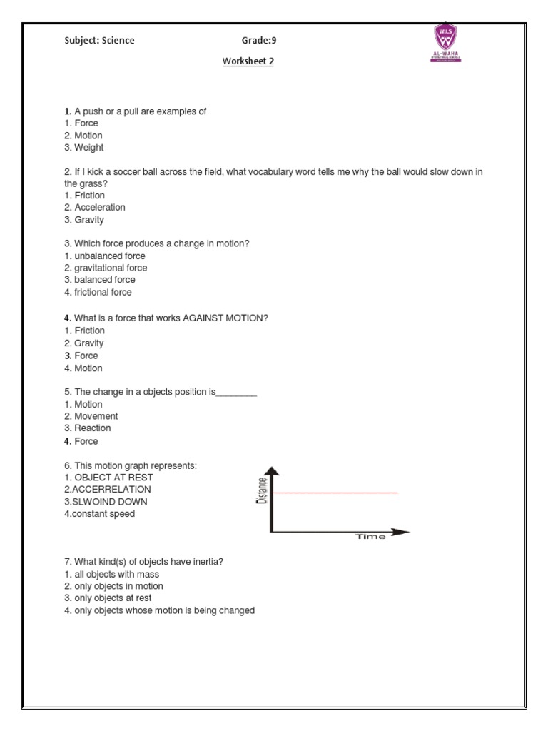 Force and Motion Worksheet 57694227202294530 | PDF