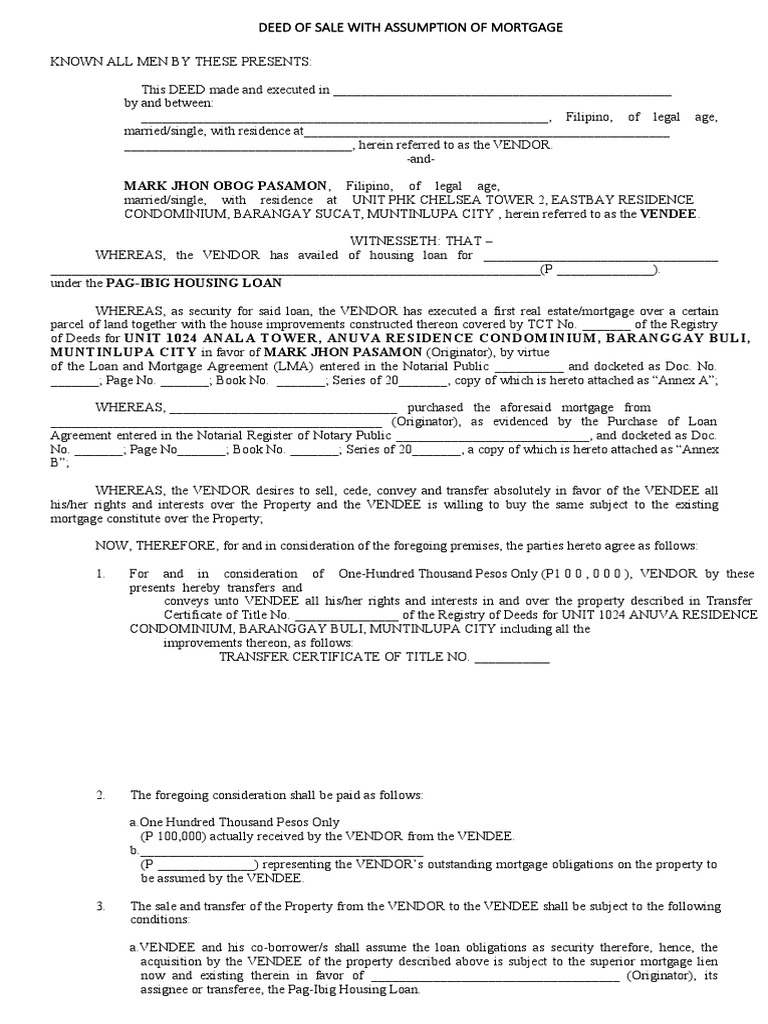 Deed of Sale With Assumption of Mortgage MARK JHON OBOG PASAMON