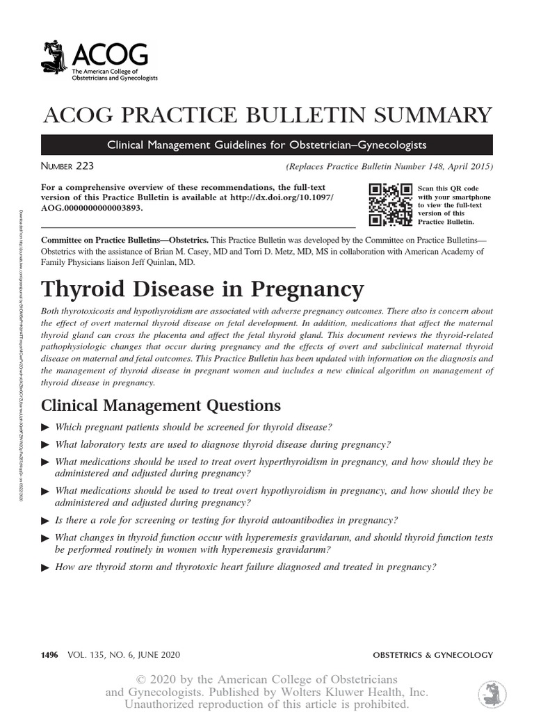Acog Practice Bulletin Summary Thyroid Disease in Pregnancy PDF