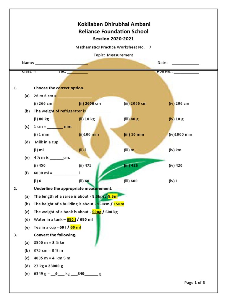 Class 4 Measurement Worksheet | PDF