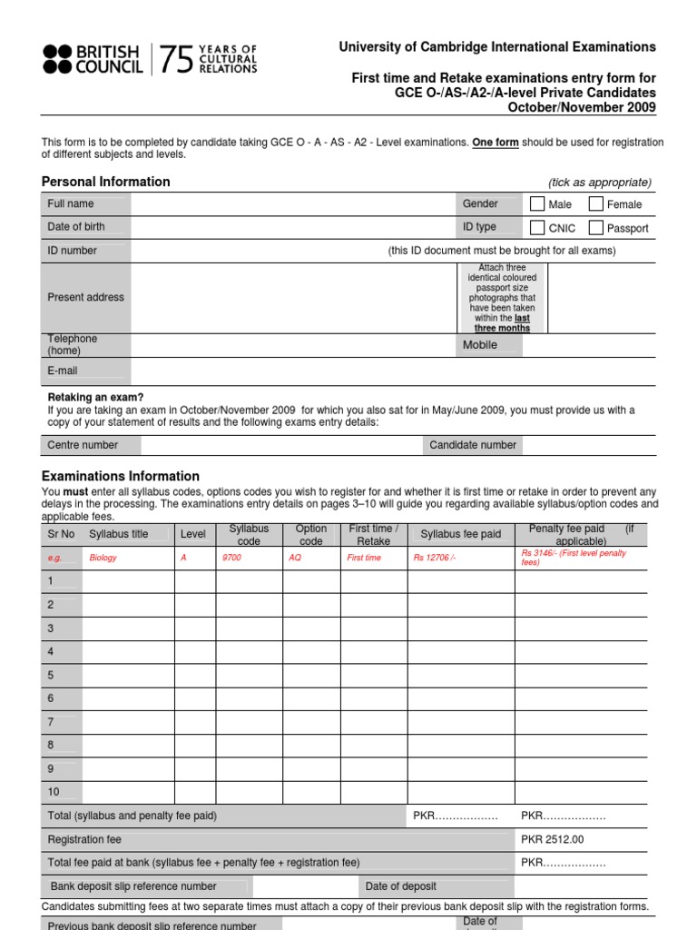 GCE Exam Entry Form for Private Candidates | PDF | Identity Document ...