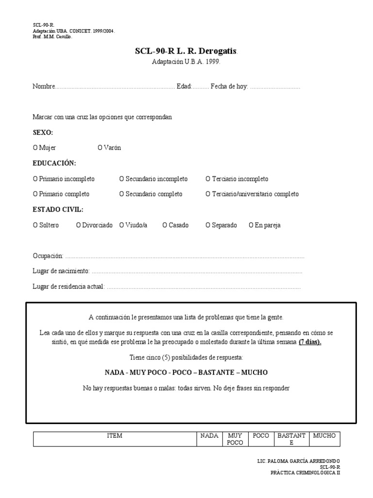 Test SCL-90-R: Evaluación Psicológica | PDF