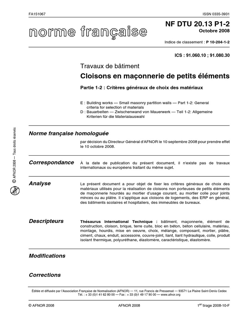 DTU 20.13 Cloisons en Maconnerie de Petits Elements Part 1-2 | PDF ...