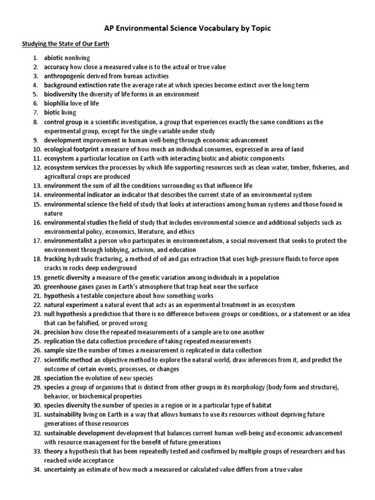 AP Environmental Science Vocabulary List and Definitions PDF Rock