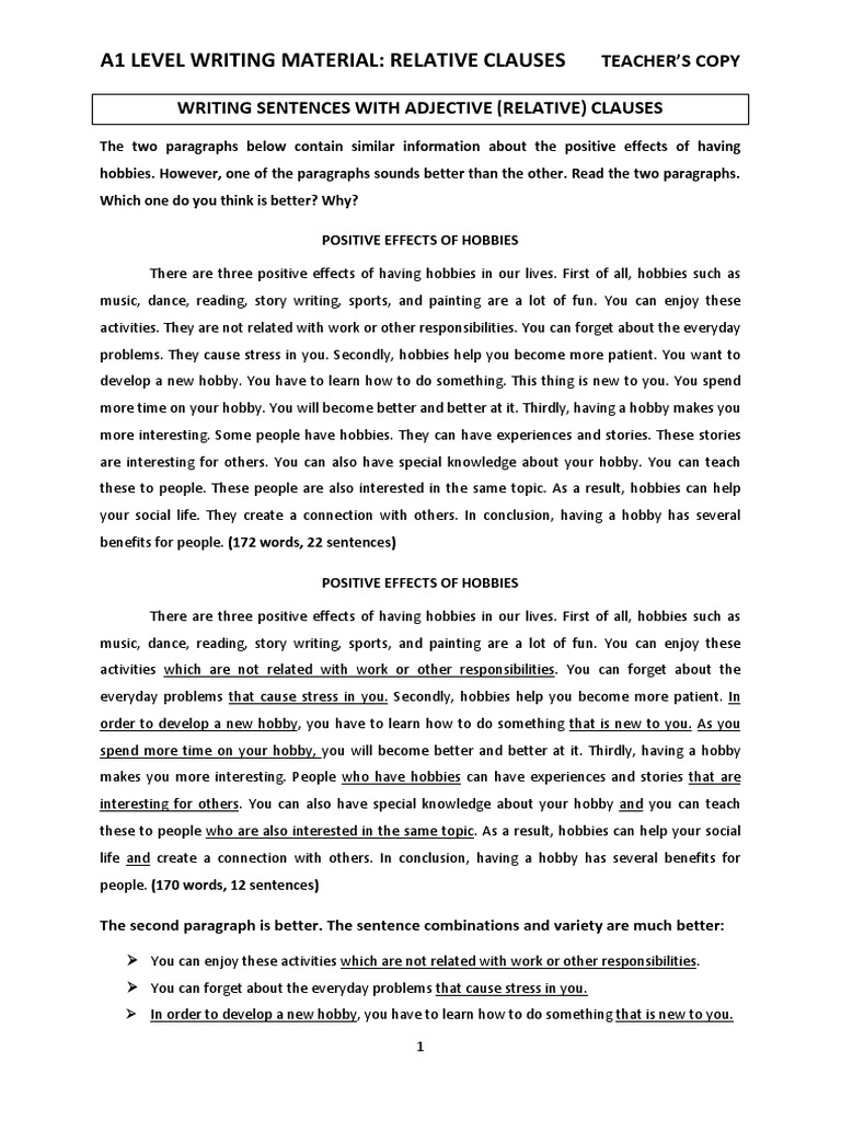 A1 Writing: Relative Clauses Guide | PDF | Sentence (Linguistics ...
