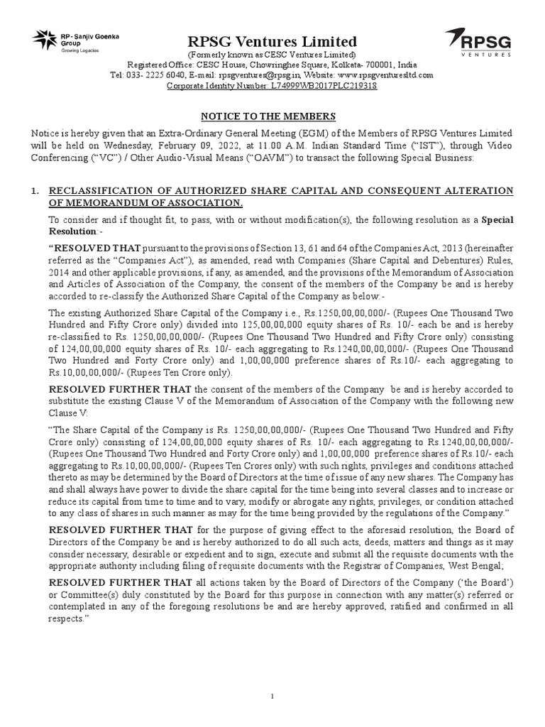 RPSG Ventures Limited EGM Notice | PDF