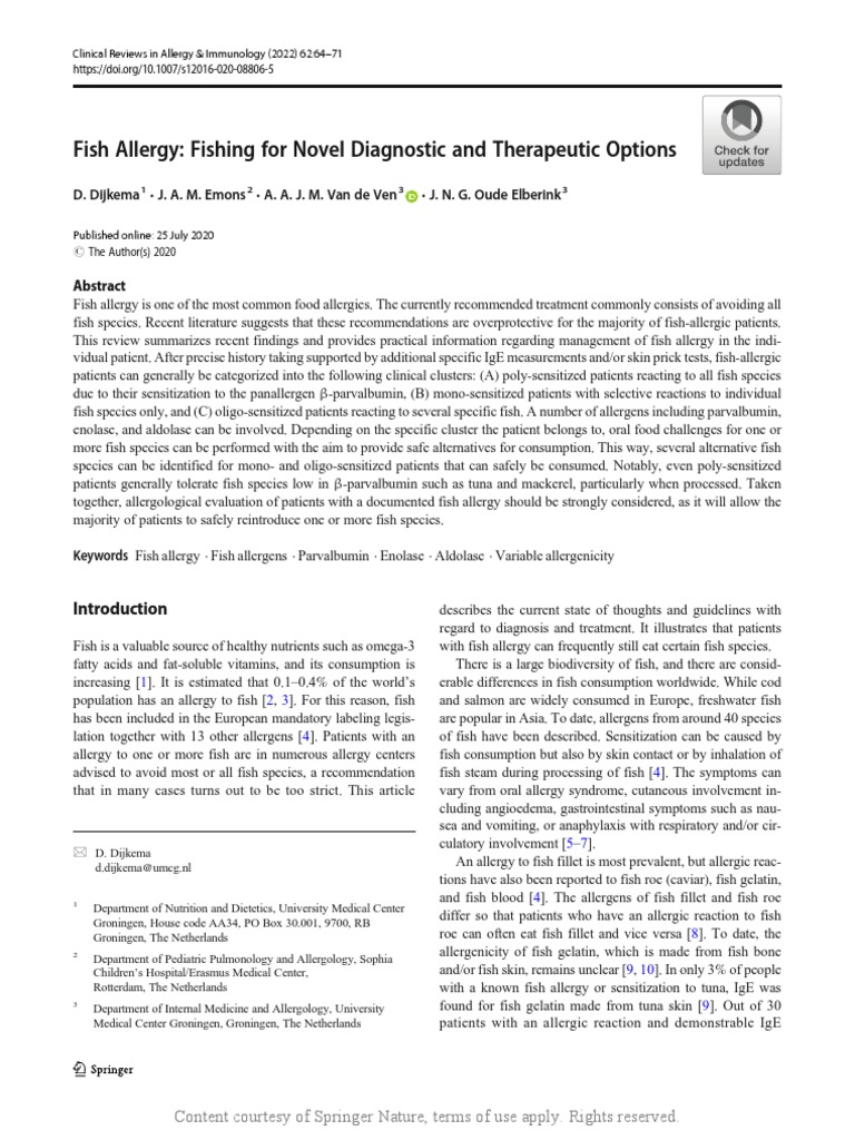 Fish Allergy Fishing For Novel Diagnostic and Ther PDF Allergy