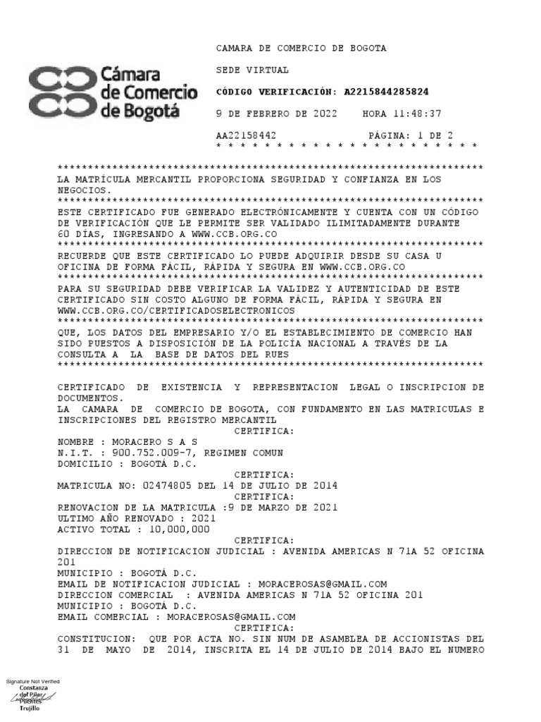 Certificado de existencia: