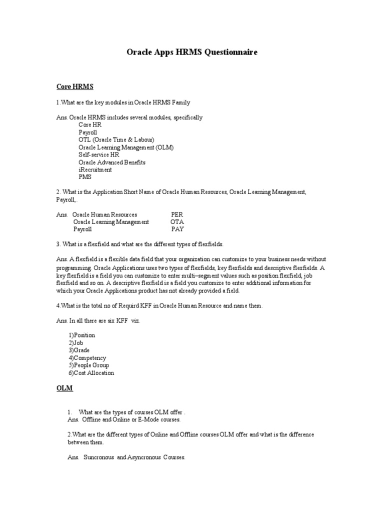 Oracle Apps HRMS Questionnaire | PDF