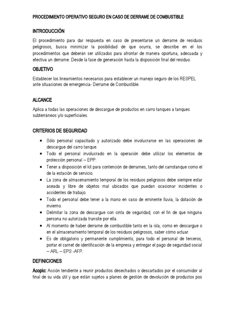 Procedimiento ante Derrame de Combustible | PDF | Residuos | Contaminación