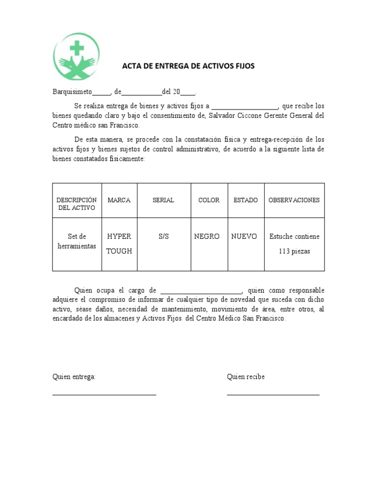 Acta de Entrega de Activos Fijos PDF