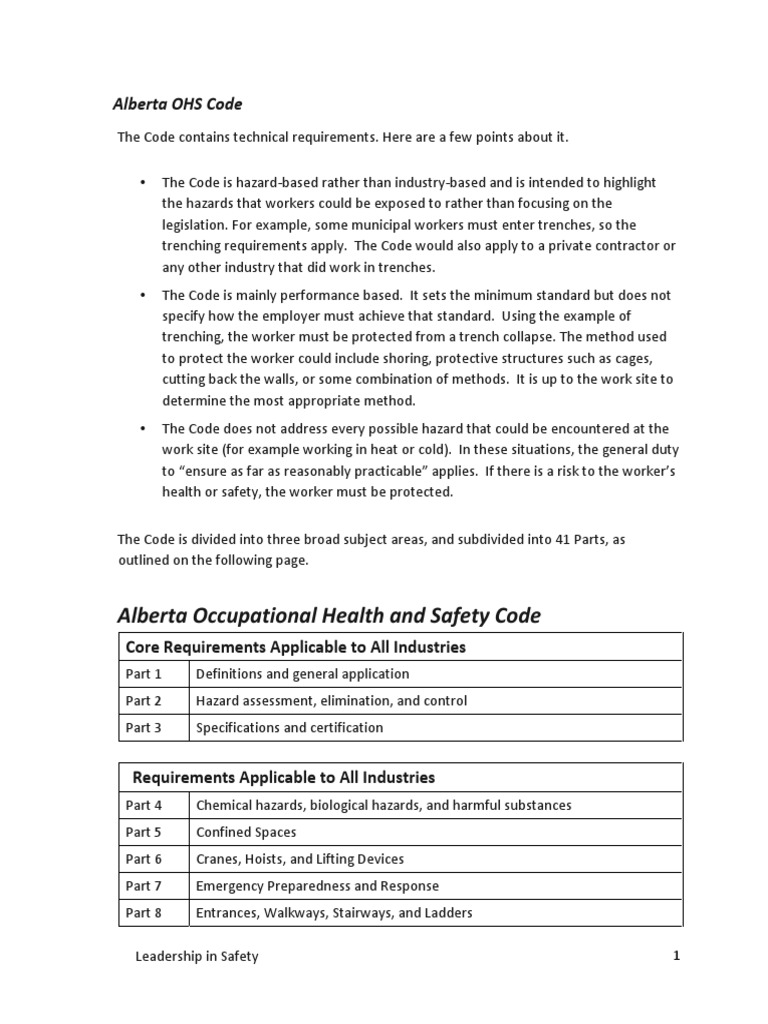 Alberta OHS Code Parts PDF Occupational Safety And Health Safety