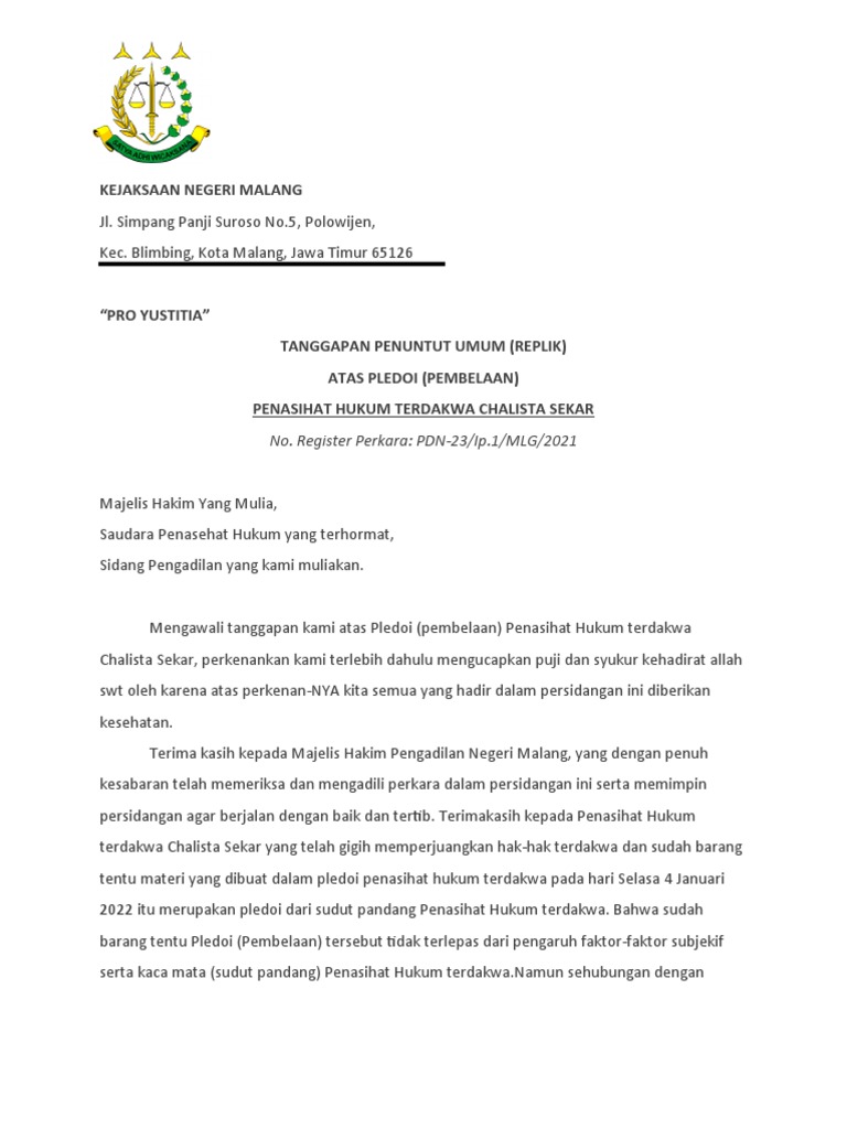 Kel 3 Replik Oleh Jpu Atas Pledoi Pdf