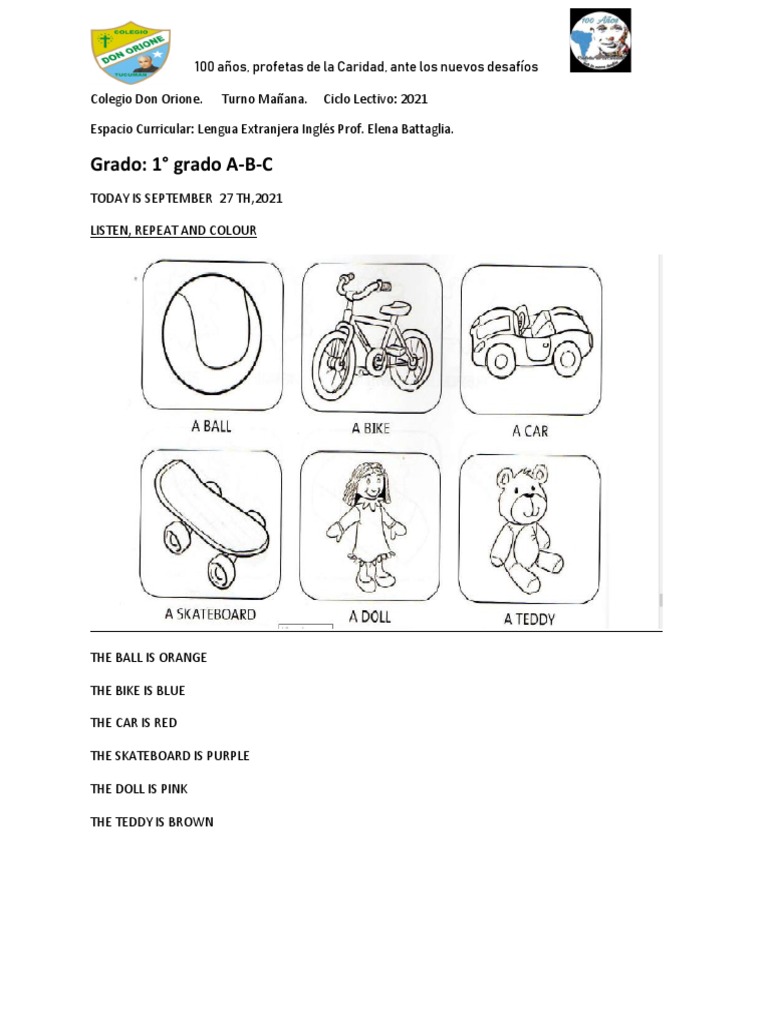 2021-10-18 - Colegio Don Orione - Ingles - Tareas de 1 Grado 1 Parte | PDF