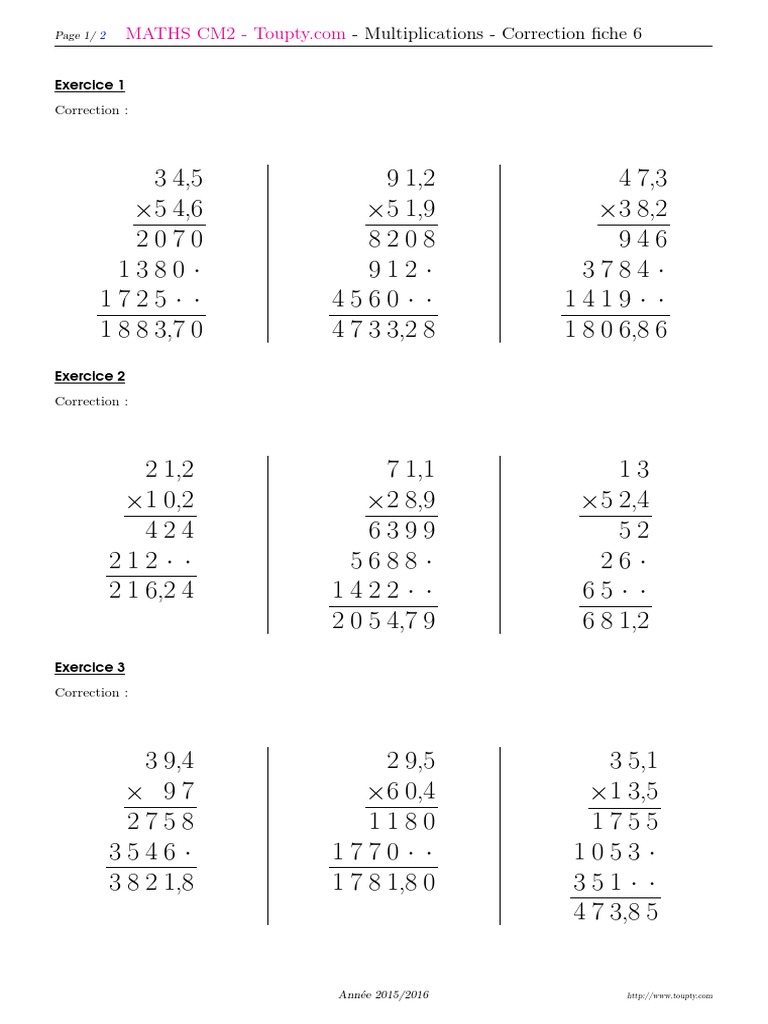 évaluation Multiplication Cm2 à Imprimer Multiplication Cm2 6 Corrige | PDF | Économie