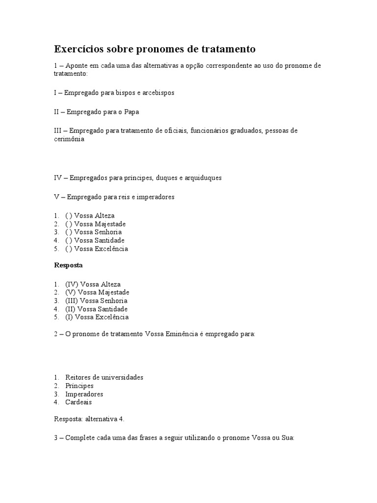 Exercícios sobre pronomes de tratamento: Vossa Eminência, Vossa ...