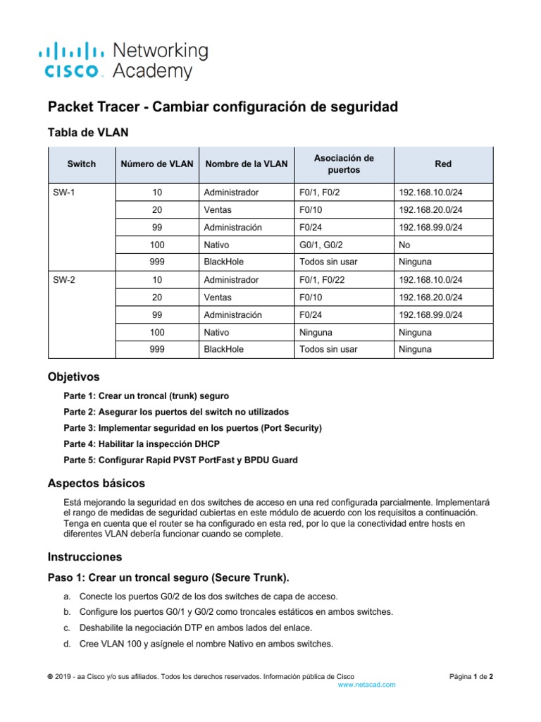 11.6.1 Packet Tracer - Switch Security Configuration - Es XL | PDF |  Conmutador de red | Protocolos de red