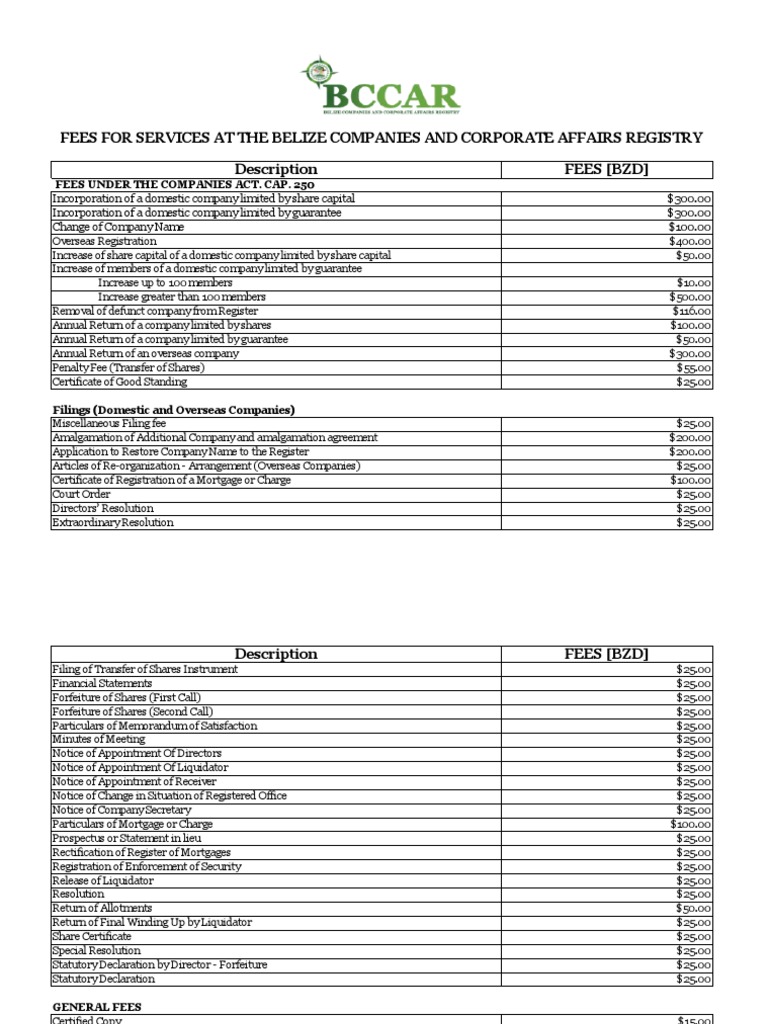 BCCAR List of Fees | PDF | Law | Limited Liability Partnership