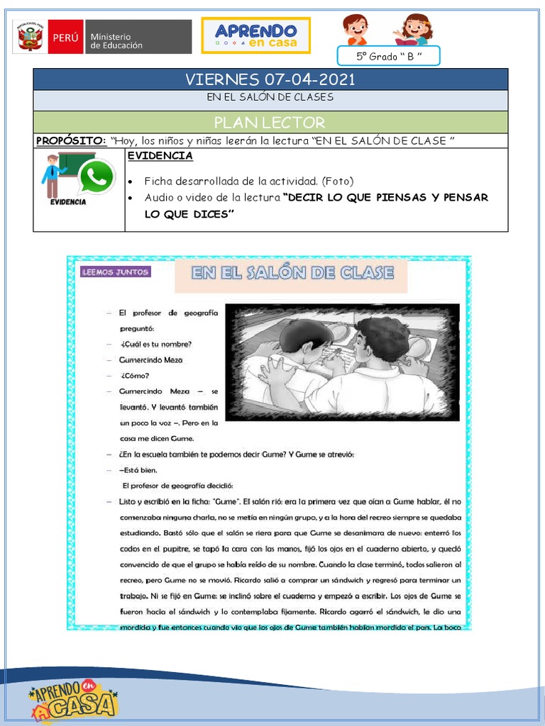 Plan Lector 5° Grado: Salón de Clases | PDF