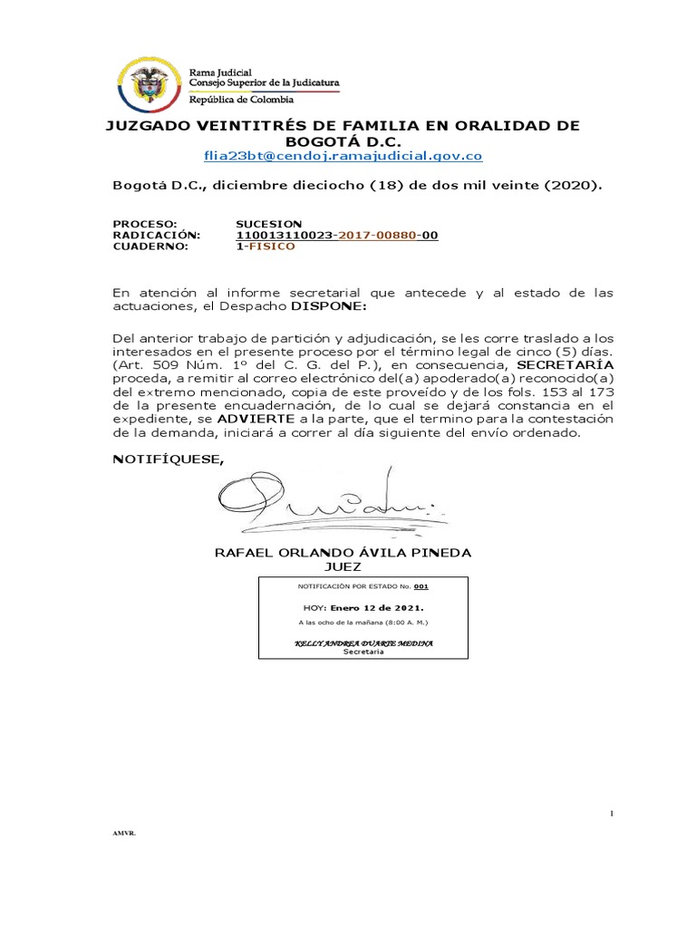 Corres Traslado Trabajo de Particion y Adjudicacion Decreto 806 201700880 PDF