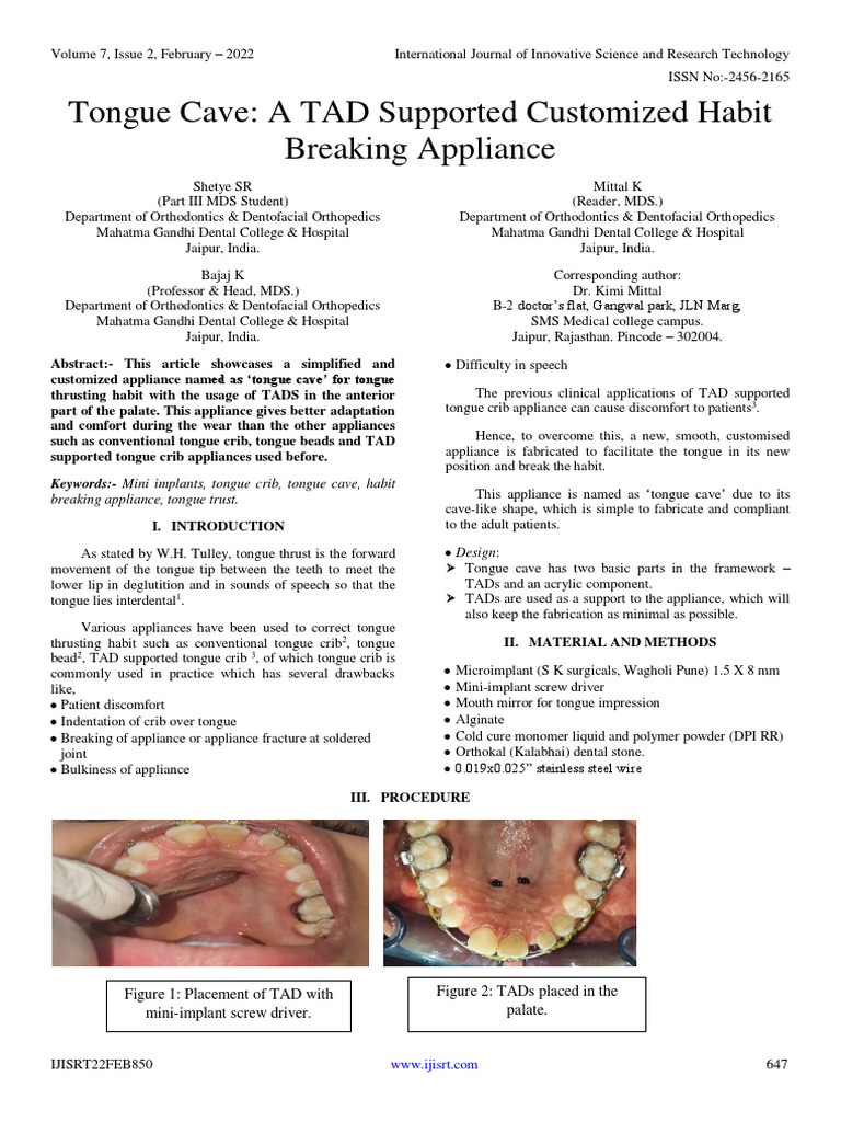Tongue Cave A TAD Supported Customized Habit Breaking Appliance PDF