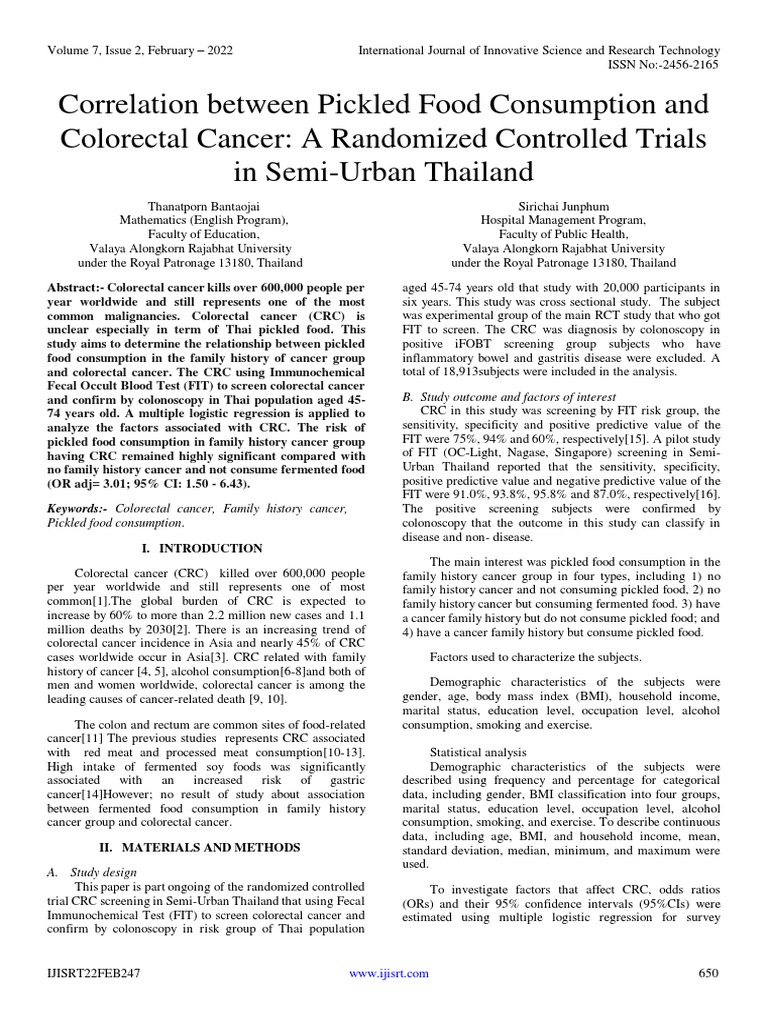 Correlation Between Pickled Food Consumption and Colorectal Cancer A