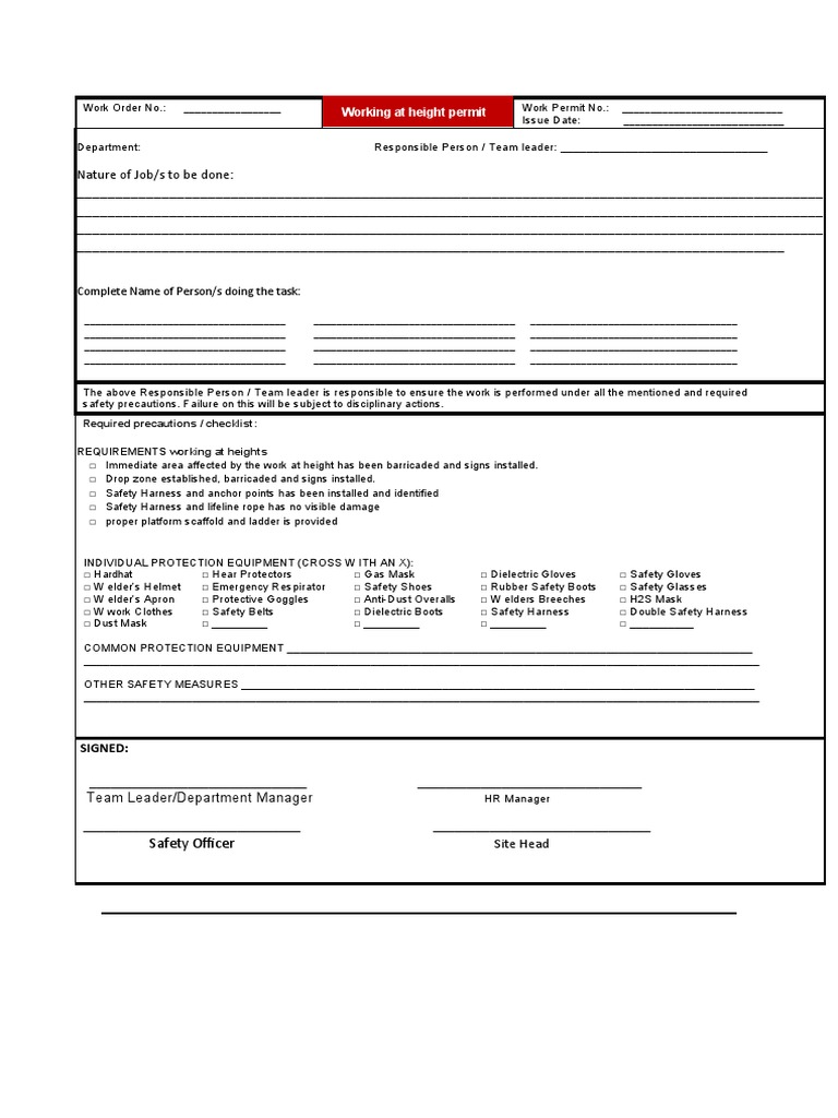 FR-HRAD - Working at Height Permit | PDF | Safety | Personal Protective ...