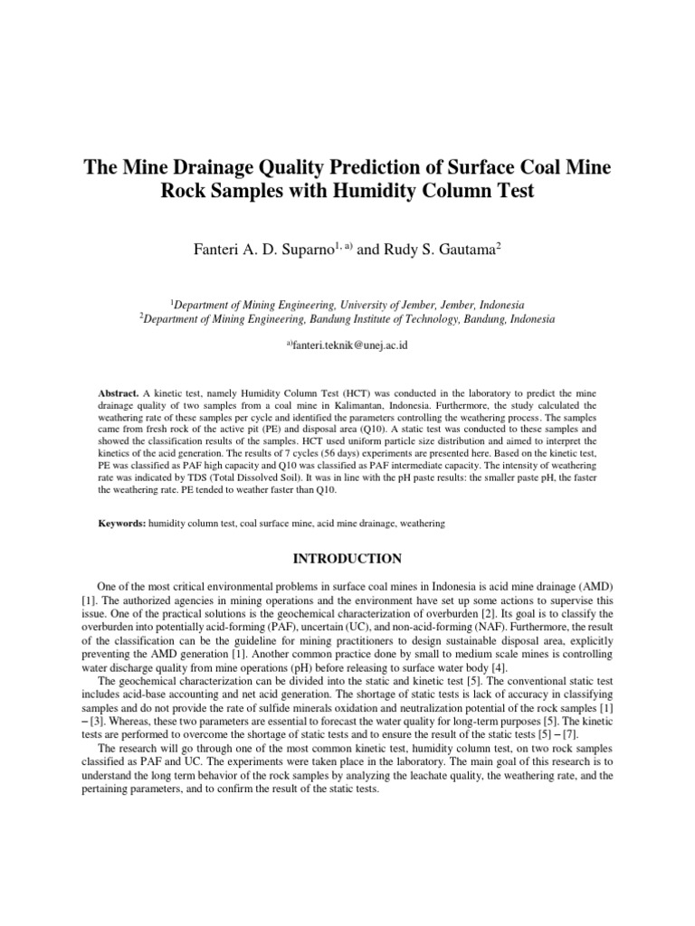 The Mine Drainage Quality Prediction of Surface Coal Mine Rock Samples ...