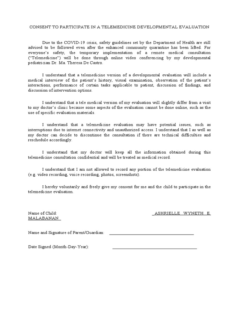 Telemedicine Developmental Evaluation Consent | PDF