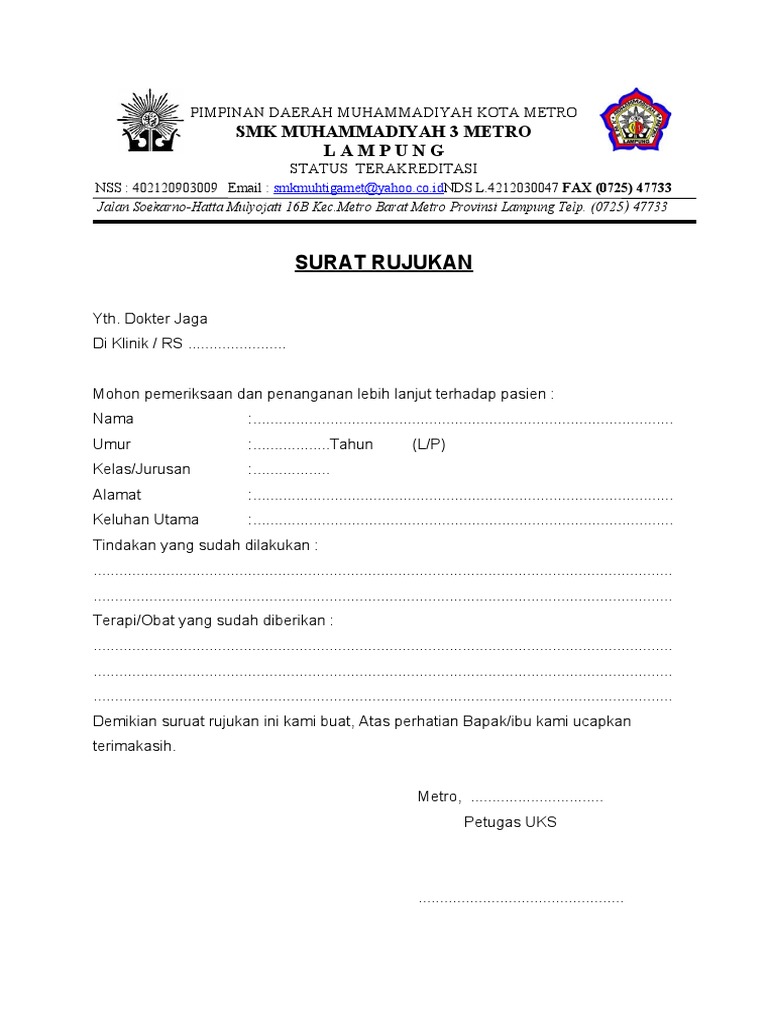 Contoh Surat Rujukan UKS ke Puskesmas | PDF
