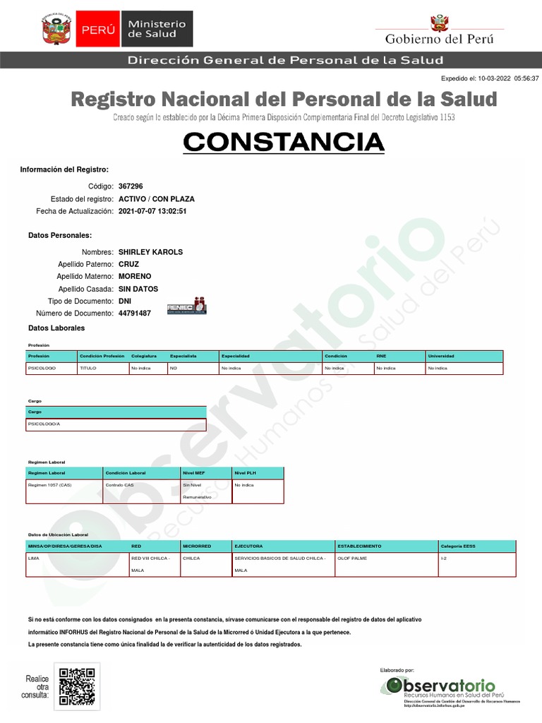 Código: 367296 Estado Del Registro: ACTIVO / CON PLAZA Fecha de ...