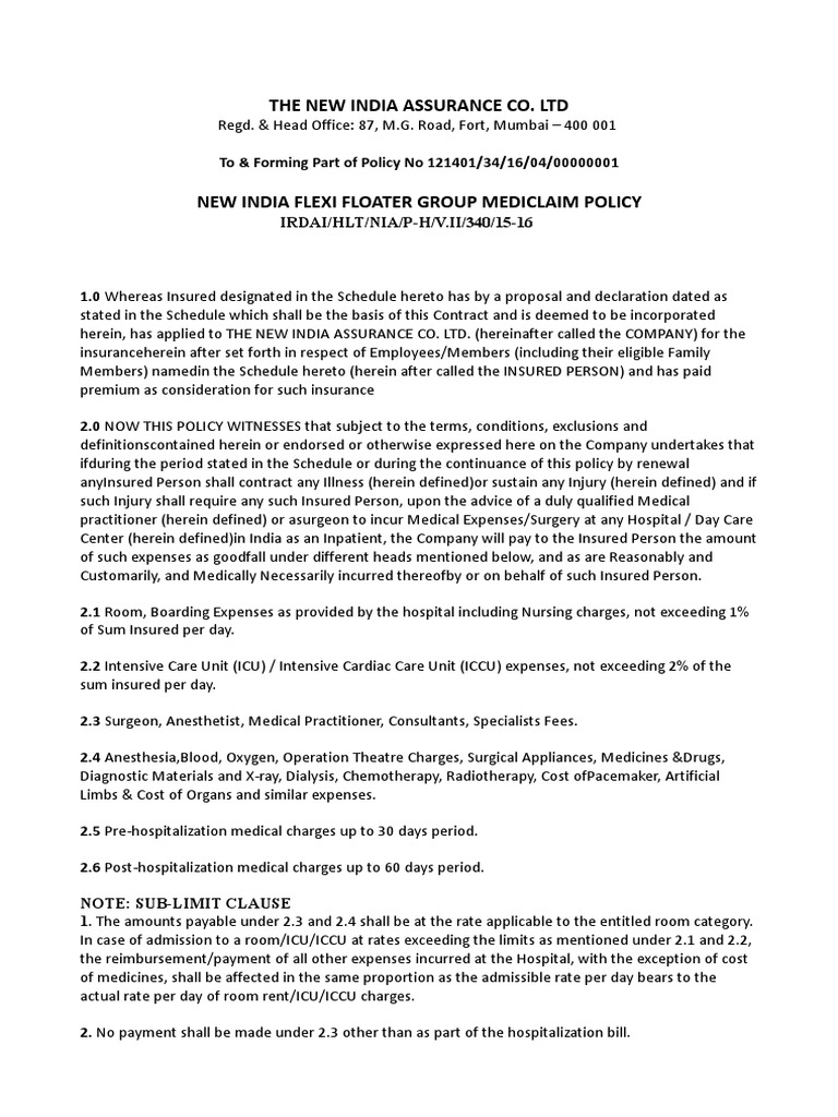 New India Flexi Floater Mediclaim Policy | PDF | Insurance | Hospital