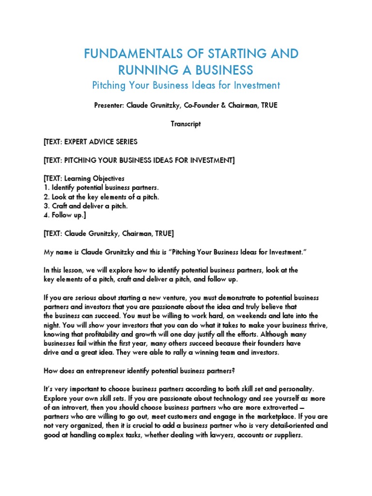 Fundamentals of Starting and Running A Business: Pitching Your Business ...